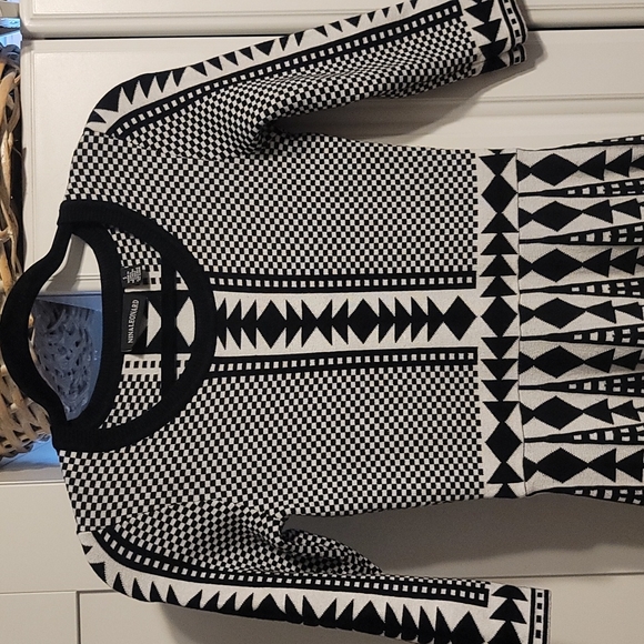 Nina Leonard Women's Dress knit Fit Flare Black and White Retro Geometric Sz S - Picture 7 of 7
